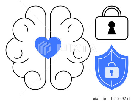Brain with a central heart, next to a padlock and shield with a lock. Ideal for mental health, emotional wellness, data security, mindfulness, cybersecurity, cognitive safety and self-care. Line Brain with a central heart, next to a padlock and shield with a lock. Ideal for mental health, emotional wellness, data security, mindfulness, cybersecurity, cognitive safety and self-care. Line 131539251