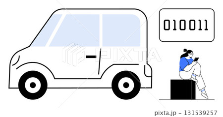 Black and white car beside casually dressed woman using a tablet. Binary code in the background. Ideal for technology, digitalization, automation, modern lifestyle, transportation, coding, mobility Black and white car beside casually dressed woman using a tablet. Binary code in the background. Ideal for technology, digitalization, automation, modern lifestyle, transportation, coding, mobility 131539257
