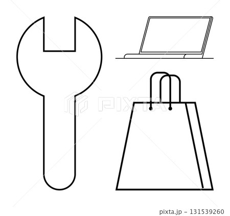 Wrench, laptop, and shopping bag representing tools, technology, and retail. Ideal for themes such as service, repair, tech support e-commerce shopping online business retail. Line metaphor 131539260