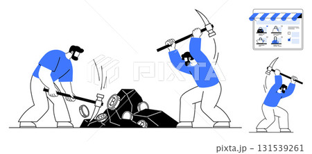 Workers breaking rocks with pickaxes, emphasizing effort and teamwork. Diagram represents planning tools, software, or business strategies. Ideal for teamwork, project management, software tools 131539261