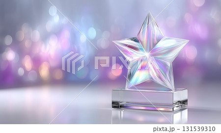 Iridescent Crystal Star Trophy on Reflective Surface with Bokeh Lights Iridescent Crystal Star Trophy on Reflective Surface with Bokeh Lights 131539310