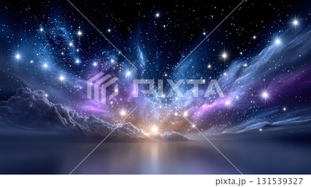 Mystical Cosmic Night Sky with Shimmering Nebula and Luminous Landscape Reflection 131539327
