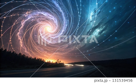 A road with a spiral galaxy in the sky creating a stunning visual of cosmic connection and journey A road with a spiral galaxy in the sky creating a stunning visual of cosmic connection and journey 131539456