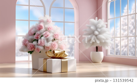 Elegant Winter Holiday Scene with Pink Roses and Gift Box in a Pastel Room Elegant Winter Holiday Scene with Pink Roses and Gift Box in a Pastel Room 131539542