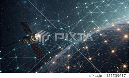 Satellite orbiting a distant planet while transmitting signals in a space-age seamless pattern 131539617