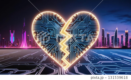 Broken heart on circuitry symbolizing the ethical development of artificial intelligence in modern times 131539618