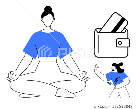 Woman meditating in lotus pose, wallet containing credit cards, and a female jogger. Ideal for wellness, finance, healthy lifestyle, fitness apps, meditation, personal growth and stress management 131539842