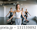 A group of women are practicing yoga in a gym 131539892