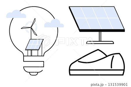 Solar panel on stand, solar panel inside light bulb with wind turbine, electric vehicle. Ideal for renewable energy concepts, sustainability, alternative power sources, green transportation, clean 131539901