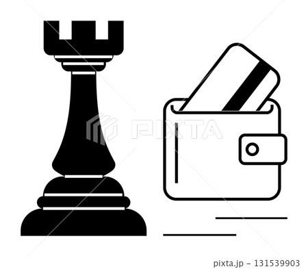 Rook chess piece and wallet with credit card. Ideal for financial strategy, budgeting, investment, planning, decision making, risk management, personal finance. Line metaphor 131539903