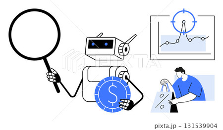 Robot holding magnifying glass and dollar coin, alongside business graph and person with shopping bags. Ideal for finance, marketing, data analysis, automation, AI, retail tech education. Line 131539904