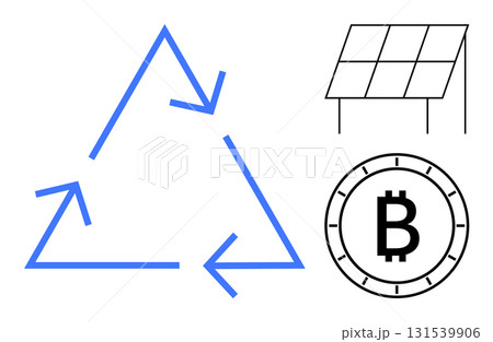 Recycling triangle, solar panel, and cryptocurrency Bitcoin symbols representing renewable energy and sustainable blockchain technology. Ideal for green technology, sustainability, finance Recycling triangle, solar panel, and cryptocurrency Bitcoin symbols representing renewable energy and sustainable blockchain technology. Ideal for green technology, sustainability, finance 131539906