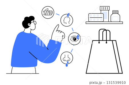 Person pointing at cold symptoms icons headache, eye irritation, runny nose with medications and shopping bag. Ideal for health, pharmacy, medicine, cold prevention, healthcare, shopping symptom 131539910