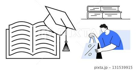 Open book with graduation cap, man in blue shirt holding discount bag, and three stacked books. Ideal for education, e-commerce, back-to-school, graduation, learning resources, academic achievements Open book with graduation cap, man in blue shirt holding discount bag, and three stacked books. Ideal for education, e-commerce, back-to-school, graduation, learning resources, academic achievements 131539915