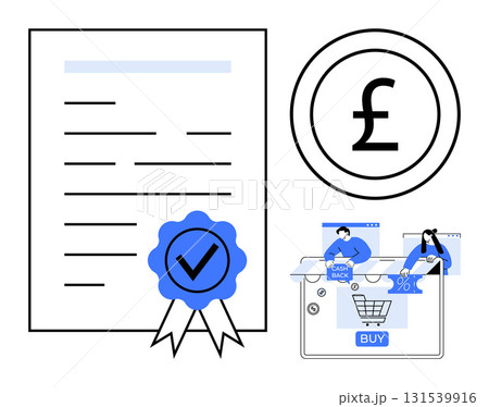 Official document with blue seal and checkmark, pound sterling currency sign, e-commerce dashboard featuring cashback and discount icons. Ideal for finance, e-commerce, official documents, currency Official document with blue seal and checkmark, pound sterling currency sign, e-commerce dashboard featuring cashback and discount icons. Ideal for finance, e-commerce, official documents, currency 131539916