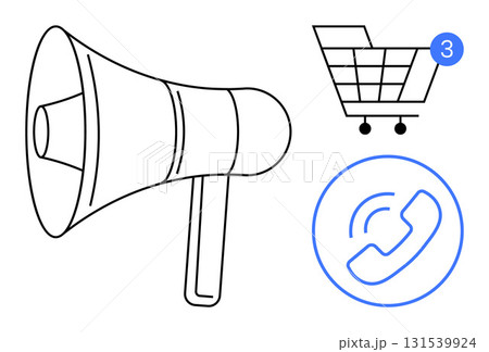 Megaphone next to shopping cart with notification dot and phone call icon. Ideal for e-commerce, marketing, communication, announcements, customer service, online shopping, notifications. Line Megaphone next to shopping cart with notification dot and phone call icon. Ideal for e-commerce, marketing, communication, announcements, customer service, online shopping, notifications. Line 131539924