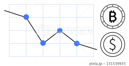 Line chart with blue data points showing decline, Bitcoin and dollar currency symbols. Ideal for financial analysis, cryptocurrency trends, stock market insights, economic forecasts, business 131539935