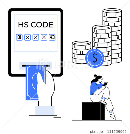 Hand inserting money into digital screen with HS Code, next to stacked coins and person using tablet. Ideal for online transactions, e-commerce, finance education, trade, digital banking, financial Hand inserting money into digital screen with HS Code, next to stacked coins and person using tablet. Ideal for online transactions, e-commerce, finance education, trade, digital banking, financial 131539963