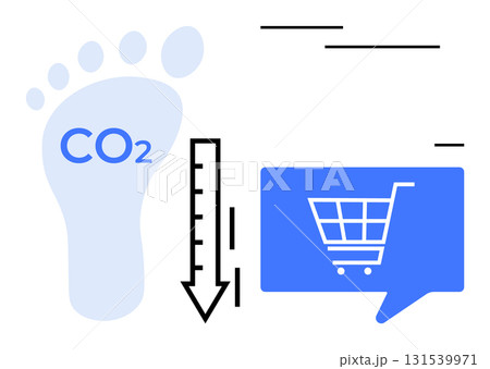 Footprint with CO2, downward arrow, and shopping cart. Ideal for sustainability, eco-friendly shopping, climate change awareness, responsible consumerism, environmental impact, green business, carbon 131539971
