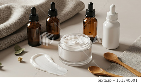 Elegant skincare collection with amber bottles and luxurious cream perfect for beauty blogs or spa promotions, showcasing a natural glow Elegant skincare collection with amber bottles and luxurious cream perfect for beauty blogs or spa promotions, showcasing a natural glow 131540001
