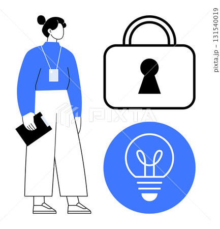 Business professional holding a clipboard, lock symbol, and light bulb icon. Ideal for security, innovation, corporate training, business strategy, problem-solving professional development. Line Business professional holding a clipboard, lock symbol, and light bulb icon. Ideal for security, innovation, corporate training, business strategy, problem-solving professional development. Line 131540019