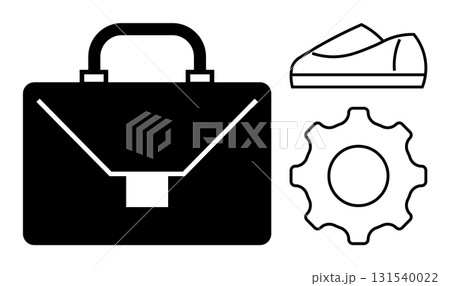 Briefcase, shoe, and gear representing business essentials. Ideal for professional settings, productivity themes, work life balance, career development, job search, corporate identity applications 131540022