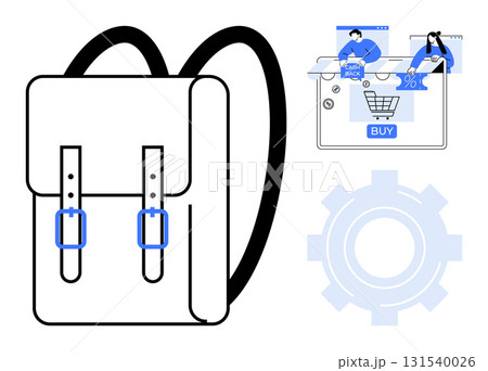 Backpack with blue buckles, online shopping activity, and gear symbolizing efficiency and process. Ideal for e-commerce, online shopping, retail, logistics, productivity, education and technology 131540026