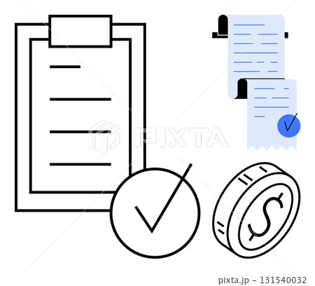 A clipboard with a checklist, a receipt with a checkmark, and a coin symbol. Ideal for finance, accounting, budgeting, business tasks, and record-keeping. Modern vector style in black, white, blue 131540032