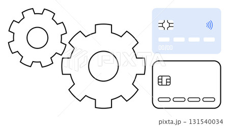 Two interlocking gears next to two credit cards with different designs. Ideal for finance, technology, automation, payment systems, digital security, fintech, and banking innovation themes. Line 131540034