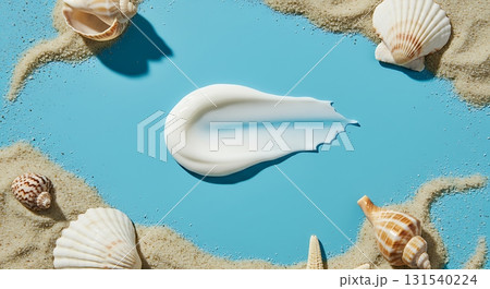Luxury skincare cream on vibrant blue background with sand and seashells evokes beach vacation vibes and summer self care rituals Luxury skincare cream on vibrant blue background with sand and seashells evokes beach vacation vibes and summer self care rituals 131540224