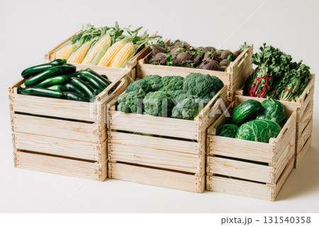 Fresh vegetable assortment in wooden crate including corn beetroot cucumber broccoli kale and cabbage arranged in studio lighting healthy and organic produce 131540358