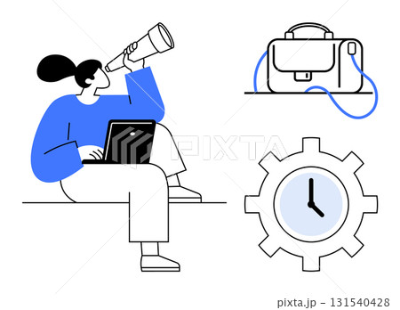 Person sitting with a laptop looking through a telescope, gear clock symbolizing time, and a briefcase. Ideal for business planning, time management, career growth, goal setting, strategic vision Person sitting with a laptop looking through a telescope, gear clock symbolizing time, and a briefcase. Ideal for business planning, time management, career growth, goal setting, strategic vision 131540428