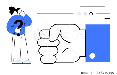 Person pondering a large question mark, facing a giant clenched fist on the right with abstract lines. Ideal for decision making, pondering, conflict, challenges, brainstorming, dilemmas 131540430