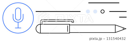 Microphone symbol inside circle, horizontal pencil, lines, dots. Ideal for communication, writing, recording, notes, voice-to-text, education, podcasts, digital content. Line metaphor Microphone symbol inside circle, horizontal pencil, lines, dots. Ideal for communication, writing, recording, notes, voice-to-text, education, podcasts, digital content. Line metaphor 131540432
