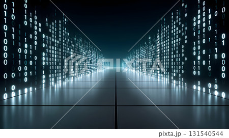 digital landscape featuring floating binary code, creating futuristic atmosphere. scene evokes sense of depth and technology, perfect for themes of data and innovation 131540544