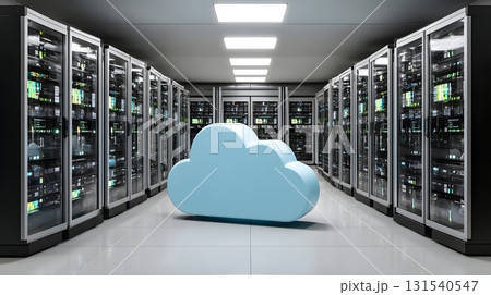 futuristic data center featuring rows of servers with prominent blue cloud symbolizing cloud computing technology. environment is sleek and modern, reflecting advanced technology 131540547