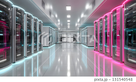 Futuristic server room with advanced cloud computing technology, featuring sleek servers illuminated with blue and pink lights, creating modern and high tech atmosphere 131540548