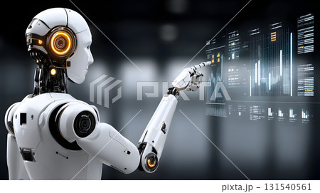 futuristic robot advisor analyzing investment data on digital screen, showcasing advanced technology and data visualization. scene conveys innovation and intelligence 131540561