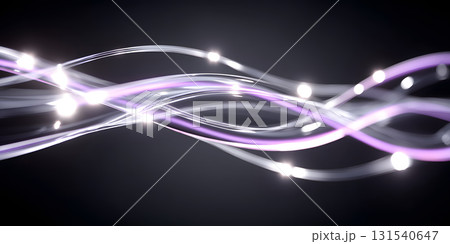 Swirling silver and purple light waves create mesmerizing energy field, evoking sense of motion and dynamism in dark background. This abstract design captivates viewer imagination 131540647