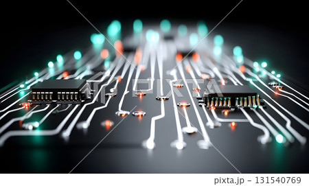 High detail digital circuit board with glowing lights, showcasing intricate pathways and components. vibrant colors create dynamic and modern technological atmosphere 131540769