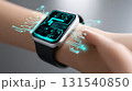 Smart wearable device showcasing advanced technology with futuristic design, ideal for fintech transactions and digital interactions. sleek watch features circuit board display 131540850