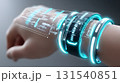 futuristic wearable device on wrist, showcasing advanced technology with glowing elements and digital data display. This innovative gadget represents future of fintech transactions 131540851