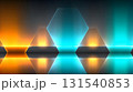 minimalistic surface featuring hexagonal shapes illuminated by soft glow lights in orange and teal hues, creating serene and modern atmosphere. reflective surface enhances visual appeal 131540853