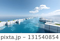 serene digital landscape featuring river of glowing water, surrounded by white geometric structures and lush greenery under clear blue sky. scene evokes sense of tranquility and innovation 131540854