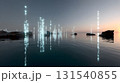 surreal digital landscape featuring floating binary code above calm water surface at sunset, creating tranquil yet futuristic atmosphere 131540855