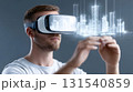 man wearing virtual reality goggles interacts with digital cityscape, showcasing advanced technology and innovation in real estate. immersive experience highlights future of property transactions 131540859