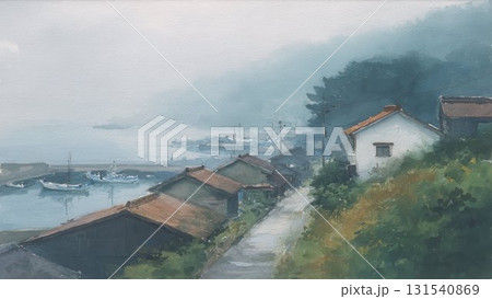 日本の漁村と港の風景 油絵風イラスト レトロな海辺の町_2 131540869