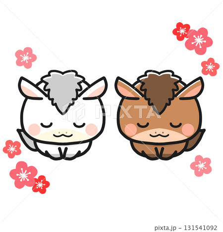 午年の年賀状素材 お辞儀をする二匹の馬 午年の年賀状素材 お辞儀をする二匹の馬 131541092