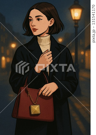 エレガントな女性と夜の街灯　Generative AI 131541170
