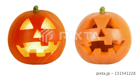 Funny Jack O Lantern halloween pumpkin with candle light inside isolated on white background 131541228